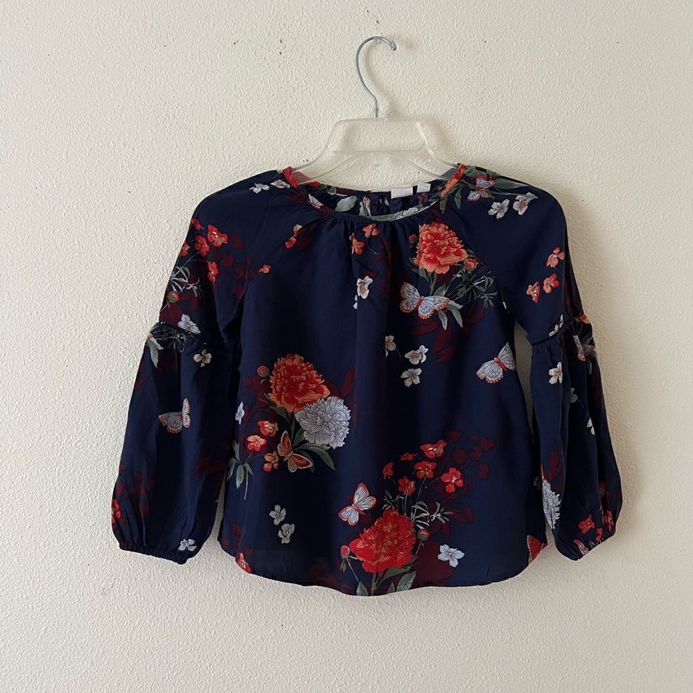 Gap Kids Girls Navy Boho Floral Blouse Balloon Sleeve Round Neck size S(6-7)